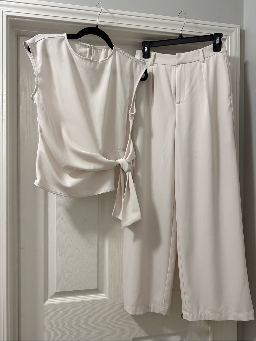 Commense Cream Tie-Waist Shell Top and Wide-Leg Pants